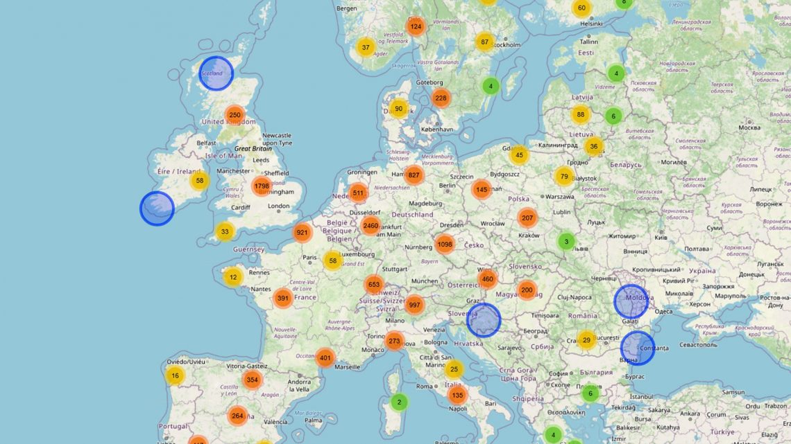 The precise locations of the most frequented truck stop locations in 29 European countries