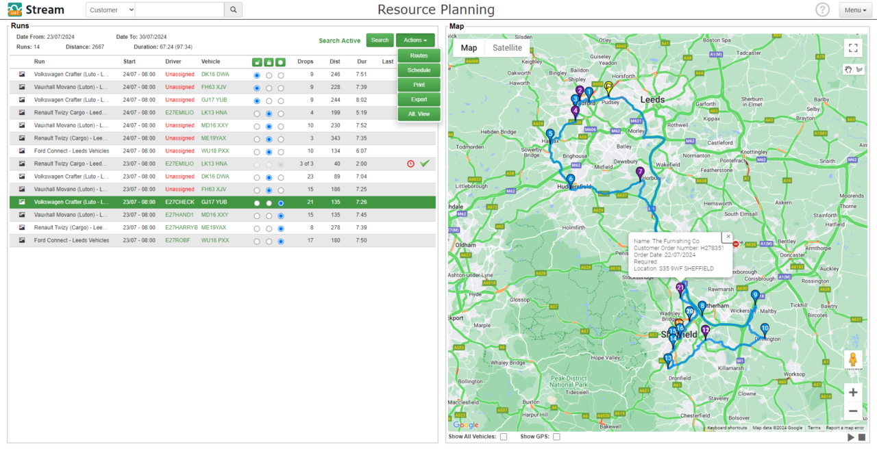 Resource Planning screen showing restricted access to advanced planning with run information displayed in tooltip