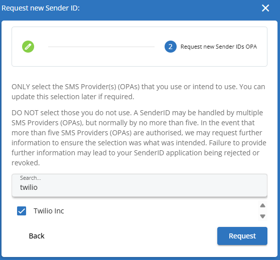 Request new Sender ID for Twilio Inc