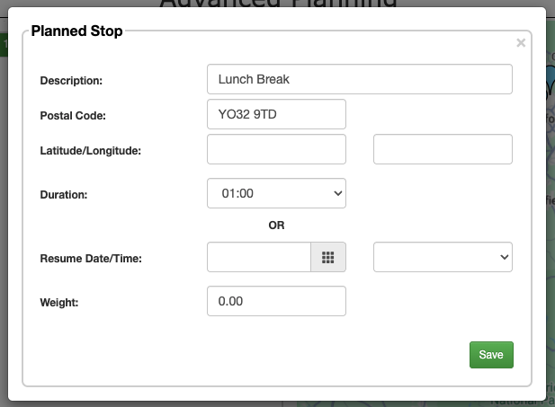 Screenshot showing the pop up modal for entering a manual stop details