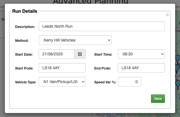 Screenshot showing a filled out'Run Details' modal when creating a run