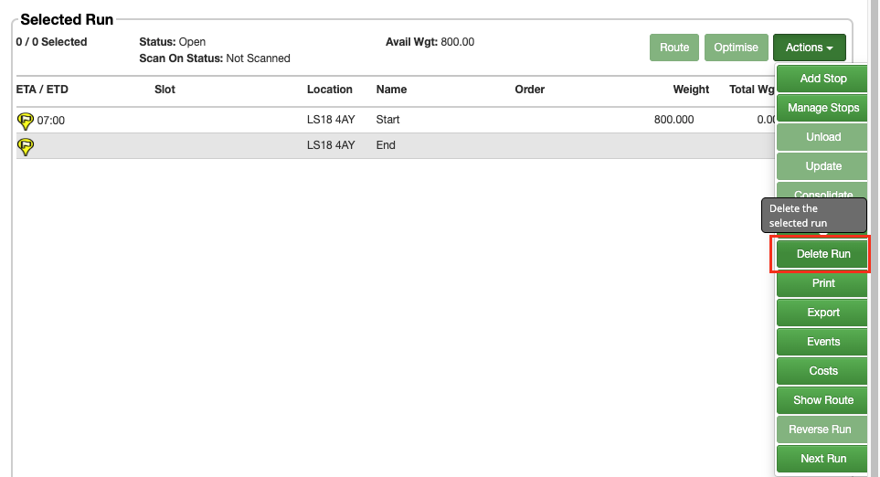 Screenshot showing the location of the'Delete Run' button