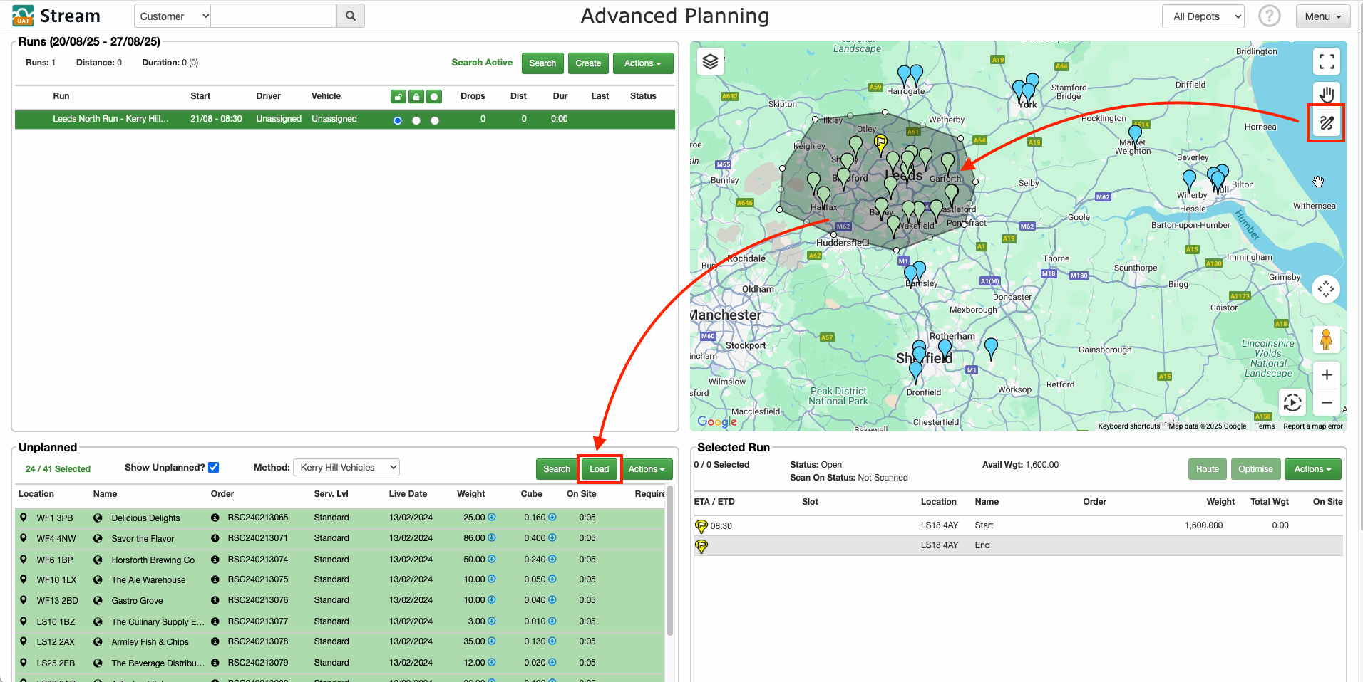 Screenshot showing the map drawing tool in use for selecting orders to load onto a run