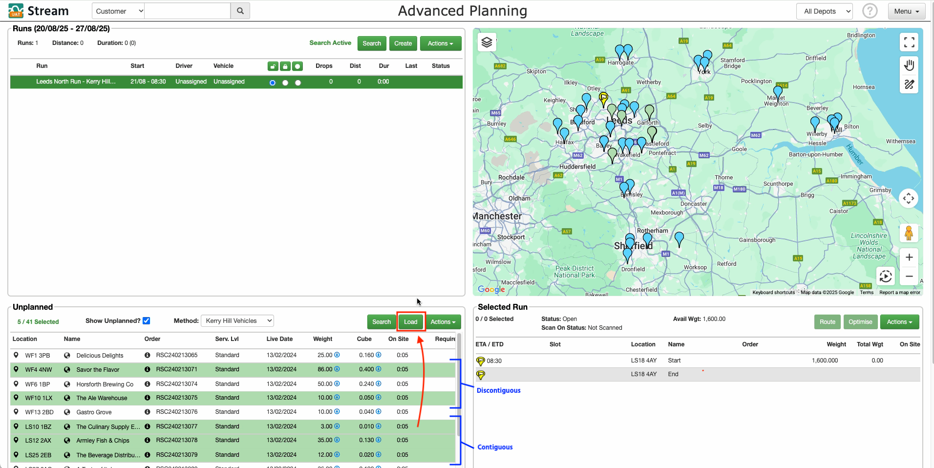 Screenshot showing contiguous and discontiguous selections for adding orders to runs